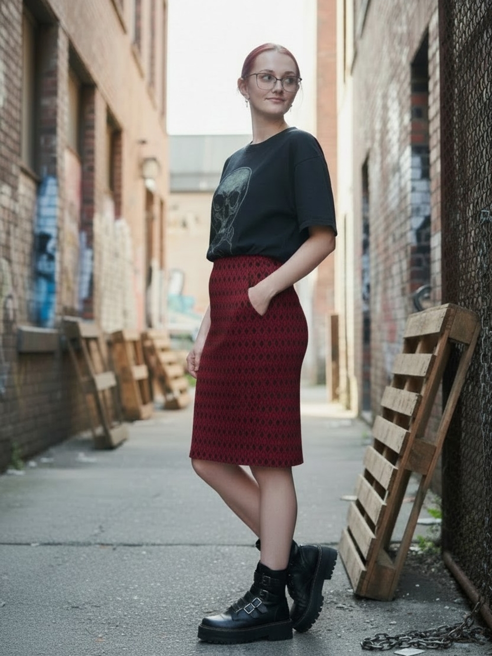 Women’s Red Patterned Knit Pencil Skirt